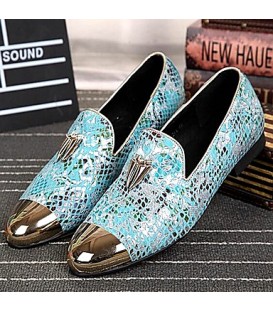 Men's Shoes Amir 2016 Pure Manual Flash Novelty Wedding/Night Party Cowhide Leather Loafers Light Blue/Navy  